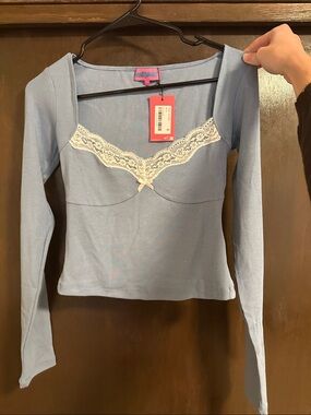 Edikted NWT Long-Sleeve Lace Trim Top in Dusty Blue